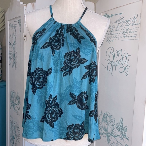 𝅺Billabong Turquoise & Black Rose adjustable tank top - Picture 1 of 8